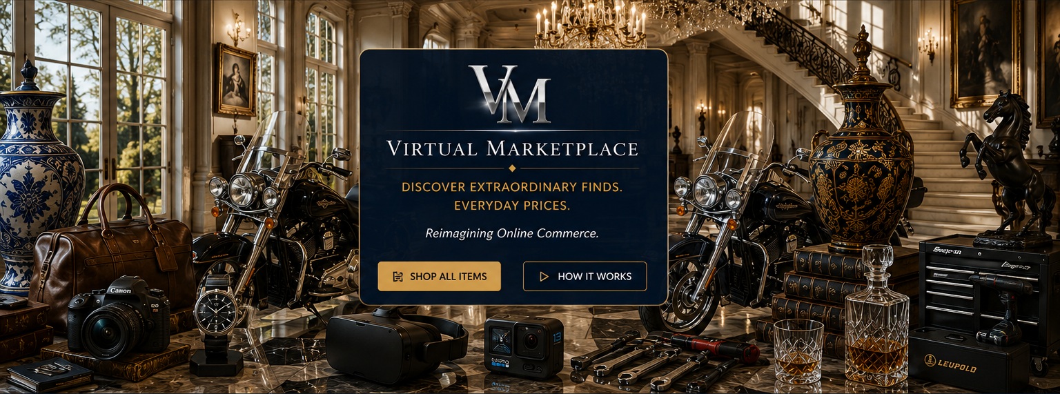 Luxury marketplace scene featuring antiques, electronics, a motorcycle, tools and décor